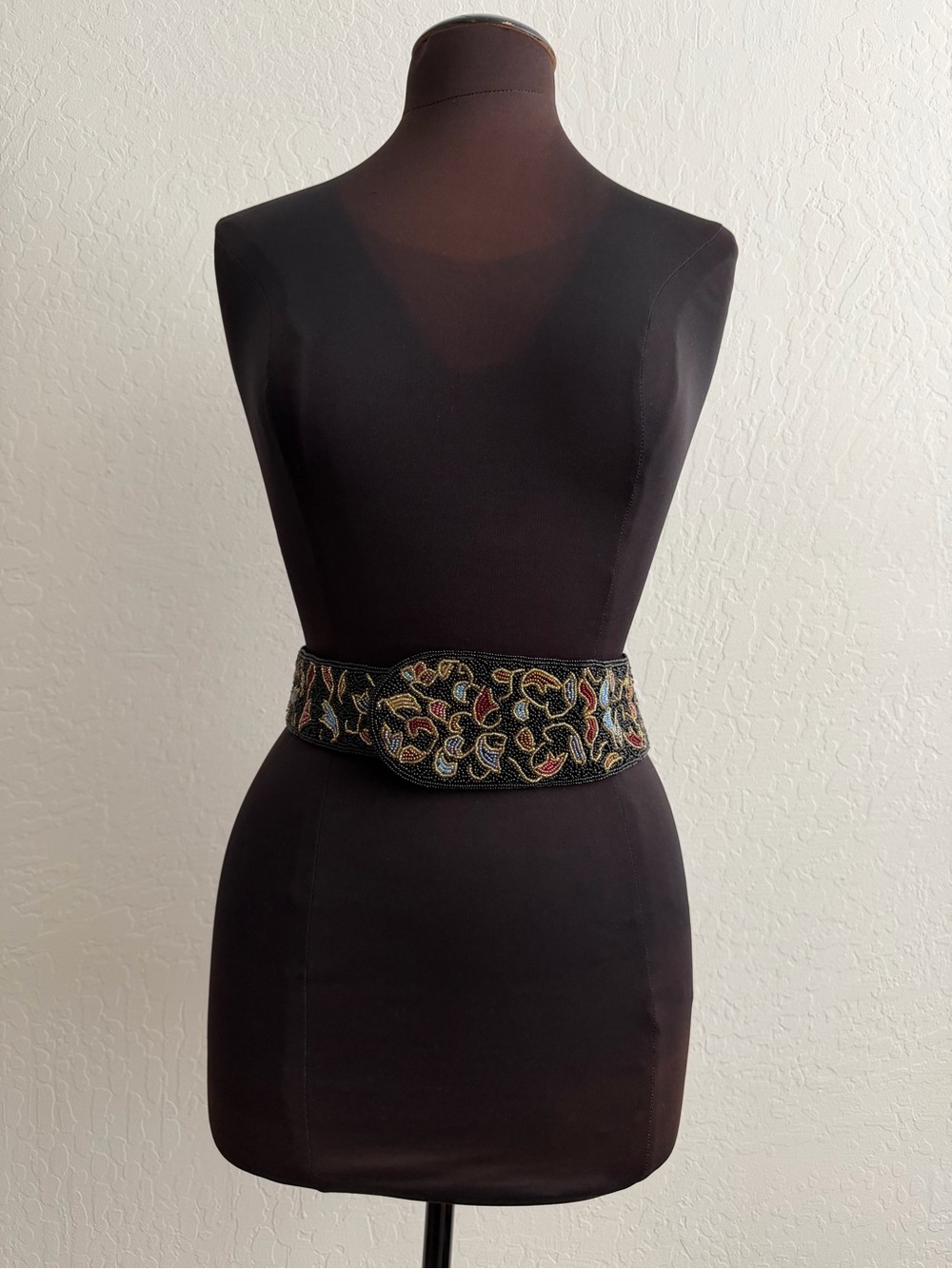 VINTAGE Christian Dior Black Embroidered Waist Belt Multicolor Floral Accents